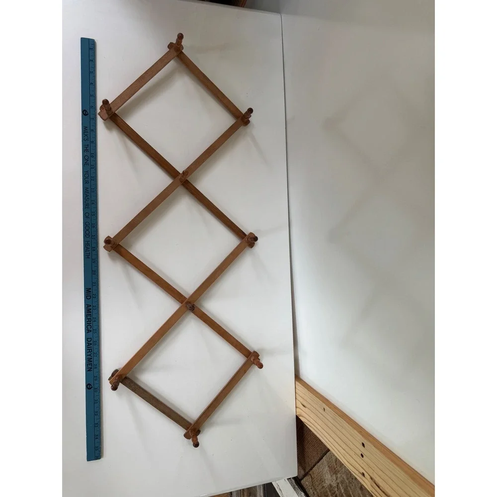 Vintage Wood Accordion Wall Rack Expandable 10 Peg Hat Coat Mug Rack Brown